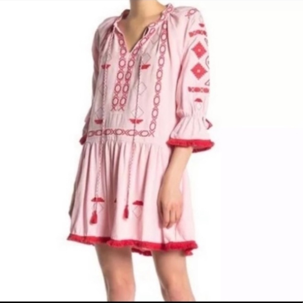 Pink and Red Mini Sundress with Bishop Sleeves